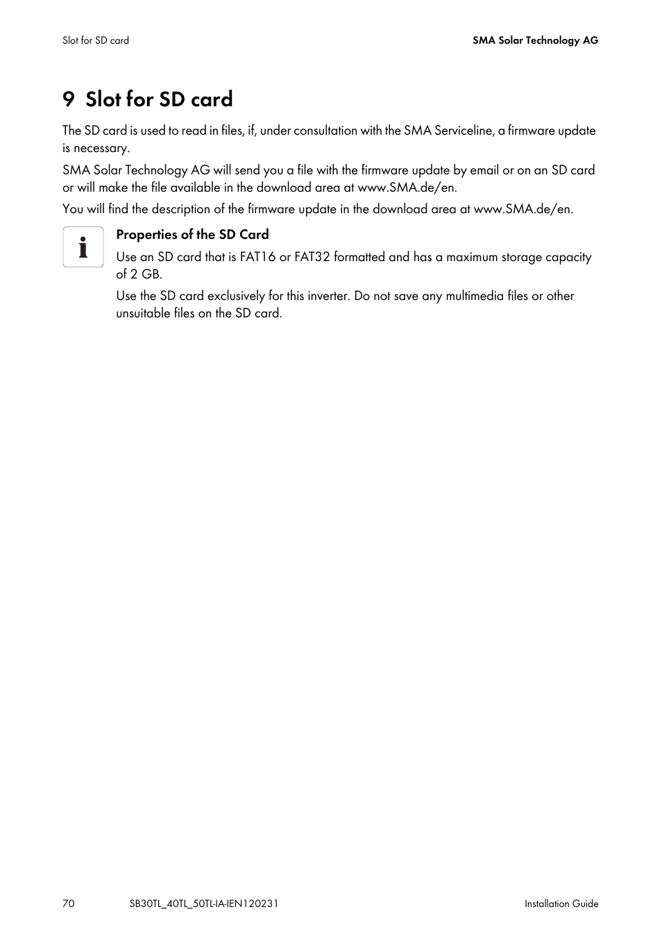 9 slot for sd card, Slot for sd card | SMA SB 3000TL-20 Installation User Manual | Page 70 / 104