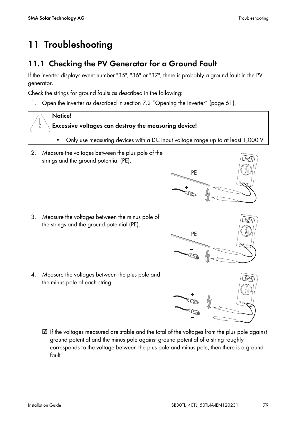 11 troubleshooting, 1 checking the pv generator for a ground fault, Troubleshooting | Checking the pv generator for a ground fault | SMA SB 3000TL-20 Installation User Manual | Page 79 / 104