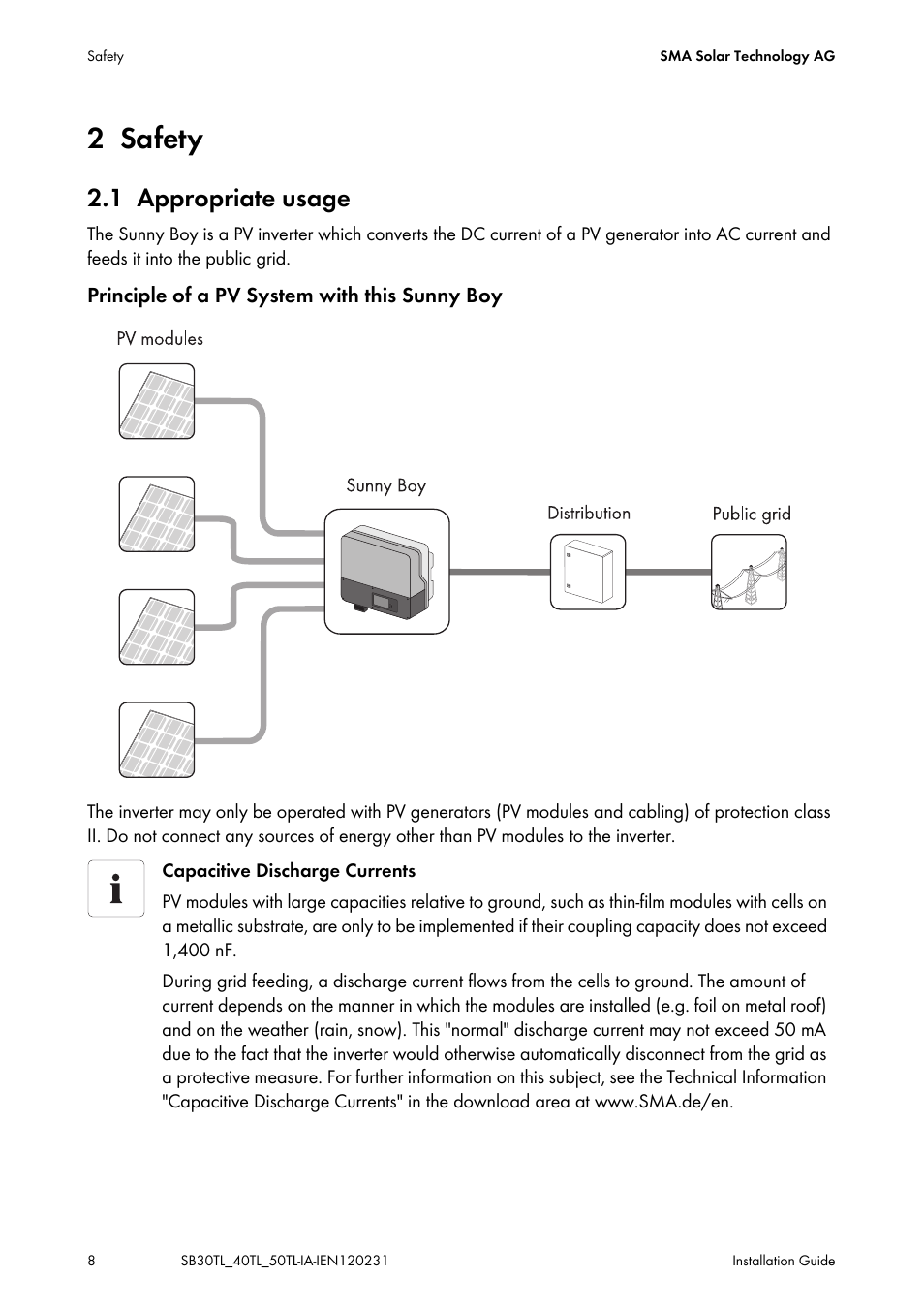 2 safety, 1 appropriate usage, Safety | Appropriate usage | SMA SB 3000TL-20 Installation User Manual | Page 8 / 104