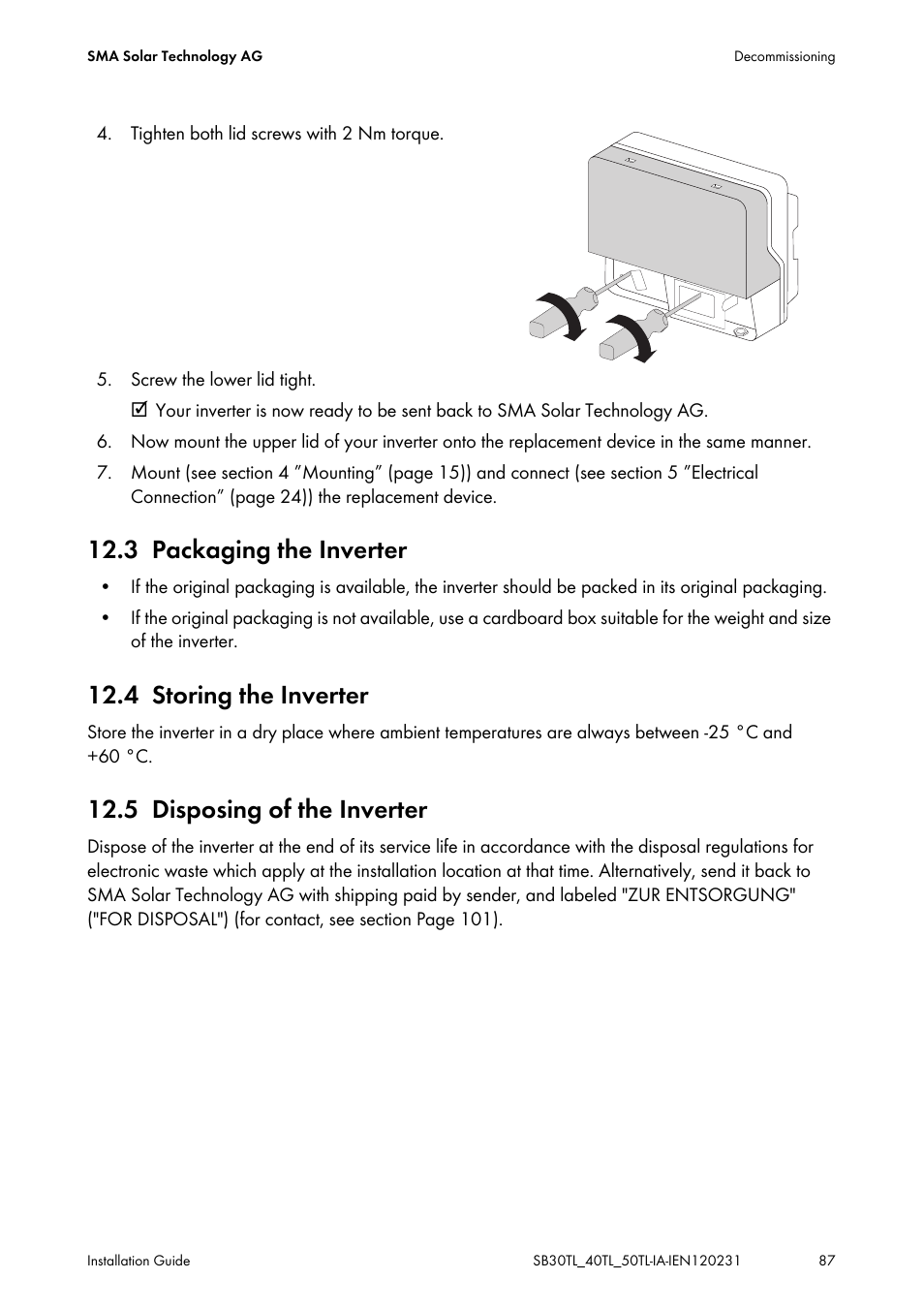 3 packaging the inverter, 4 storing the inverter, 5 disposing of the inverter | Packaging the inverter, Storing the inverter, Disposing of the inverter | SMA SB 3000TL-20 Installation User Manual | Page 87 / 104