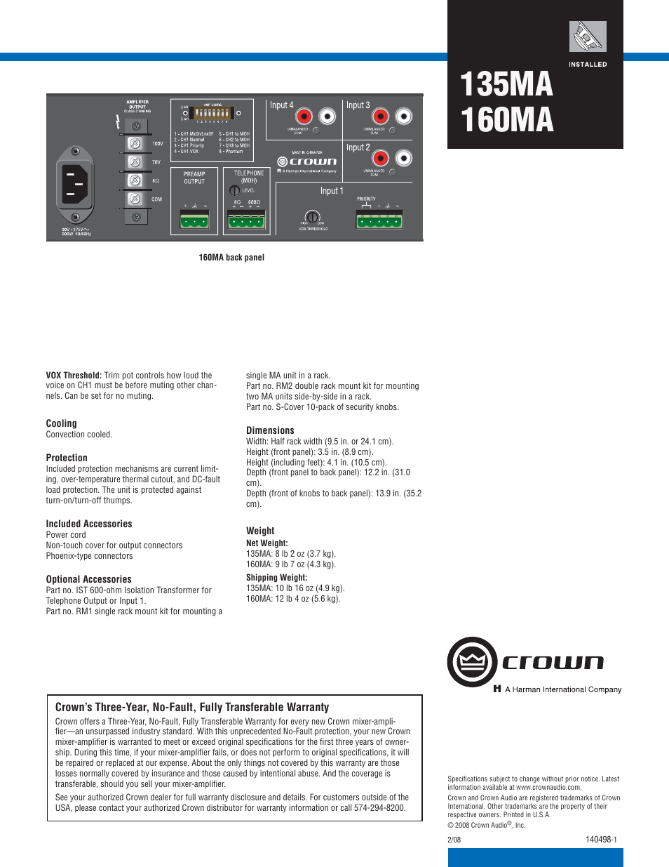 135ma, 160ma | Crown Audio 135MA User Manual | Page 2 / 2