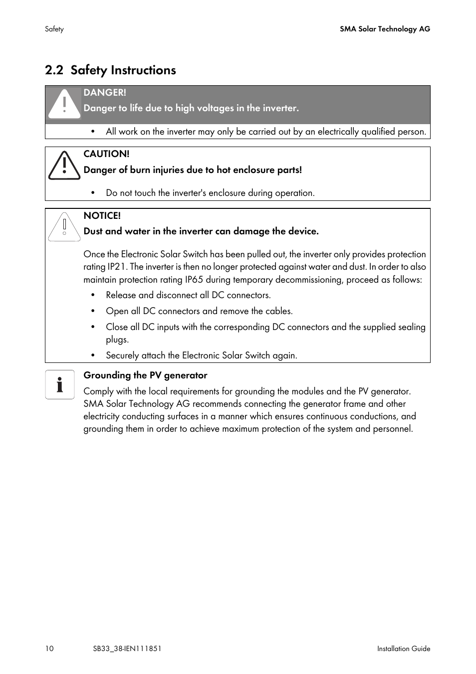2 safety instructions, Safety instructions | SMA SB 3300 Installation User Manual | Page 10 / 76