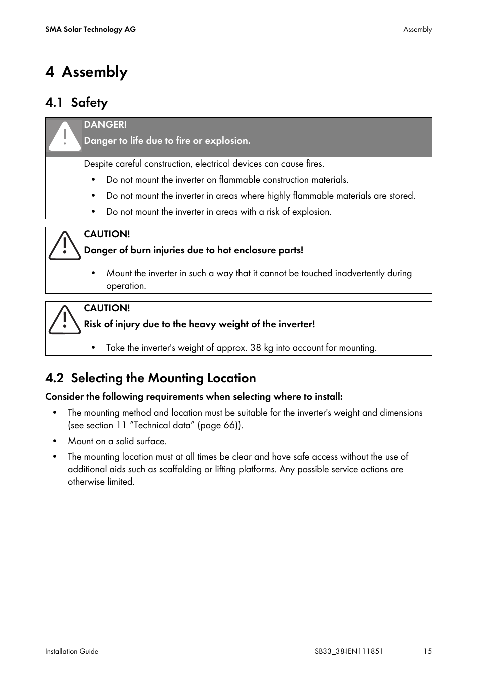 4 assembly, 1 safety, 2 selecting the mounting location | Assembly, Safety, Selecting the mounting location, 1 safety 4.2 selecting the mounting location | SMA SB 3300 Installation User Manual | Page 15 / 76
