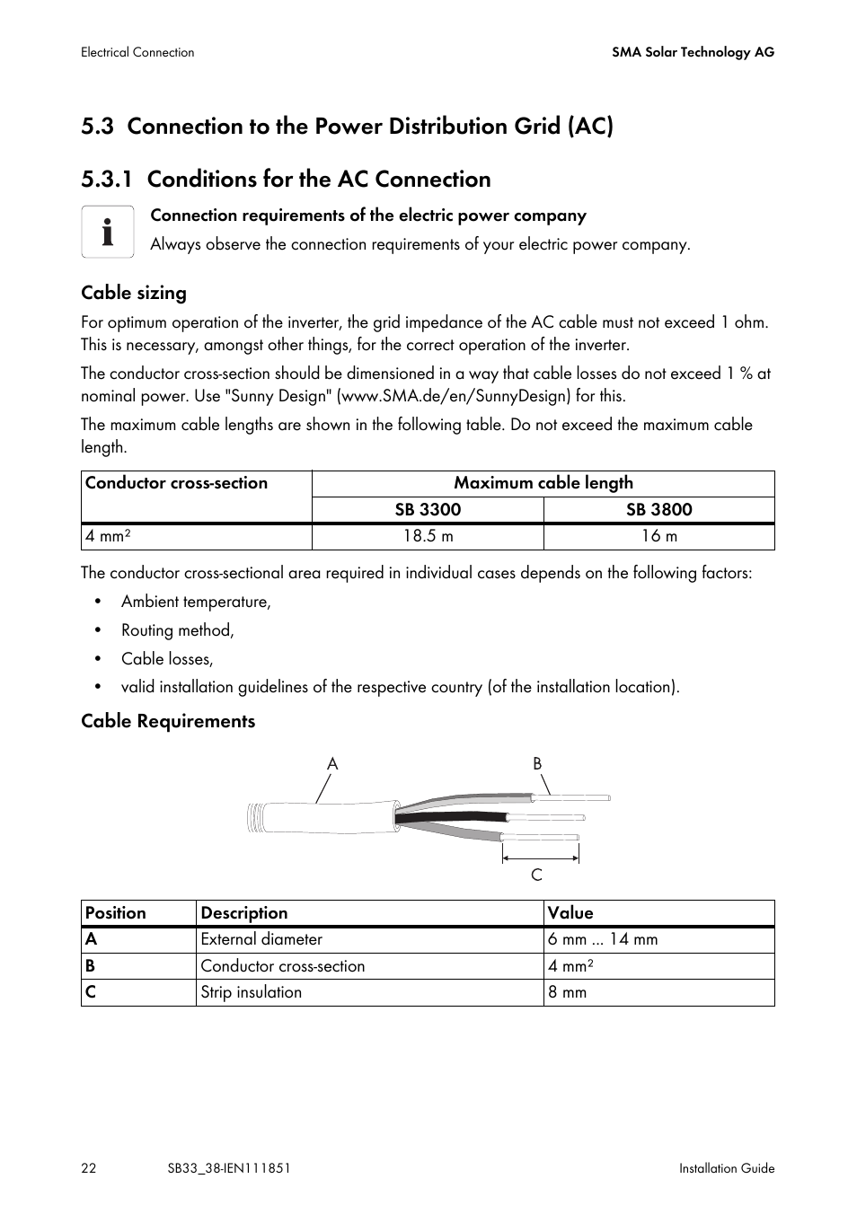 3 connection to the power distribution grid (ac), 1 conditions for the ac connection, Connection to the power distribution grid (ac) | Conditions for the ac connection | SMA SB 3300 Installation User Manual | Page 22 / 76