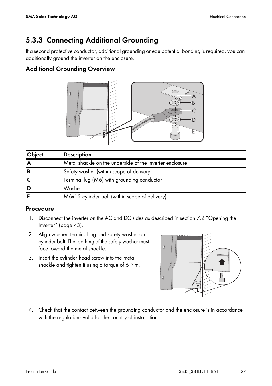 3 connecting additional grounding, Connecting additional grounding | SMA SB 3300 Installation User Manual | Page 27 / 76