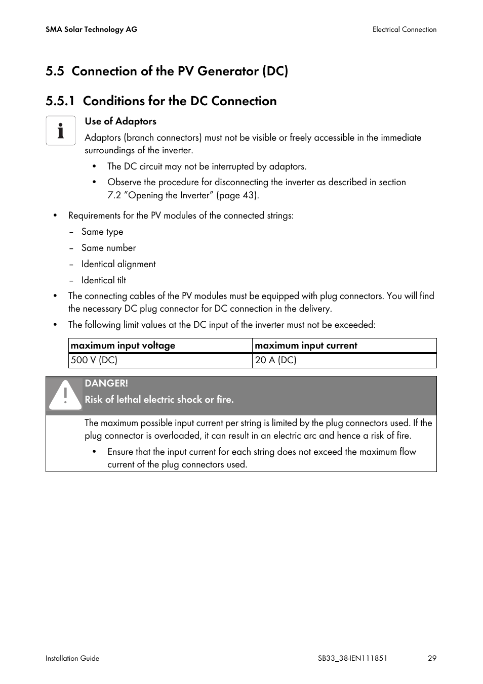 5 connection of the pv generator (dc), 1 conditions for the dc connection, Connection of the pv generator (dc) | Conditions for the dc connection | SMA SB 3300 Installation User Manual | Page 29 / 76