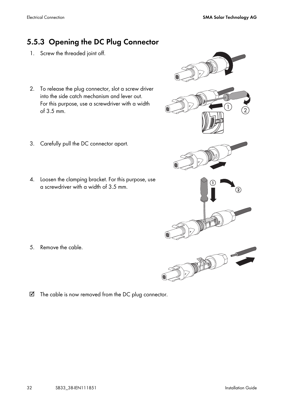 3 opening the dc plug connector, Opening the dc plug connector | SMA SB 3300 Installation User Manual | Page 32 / 76
