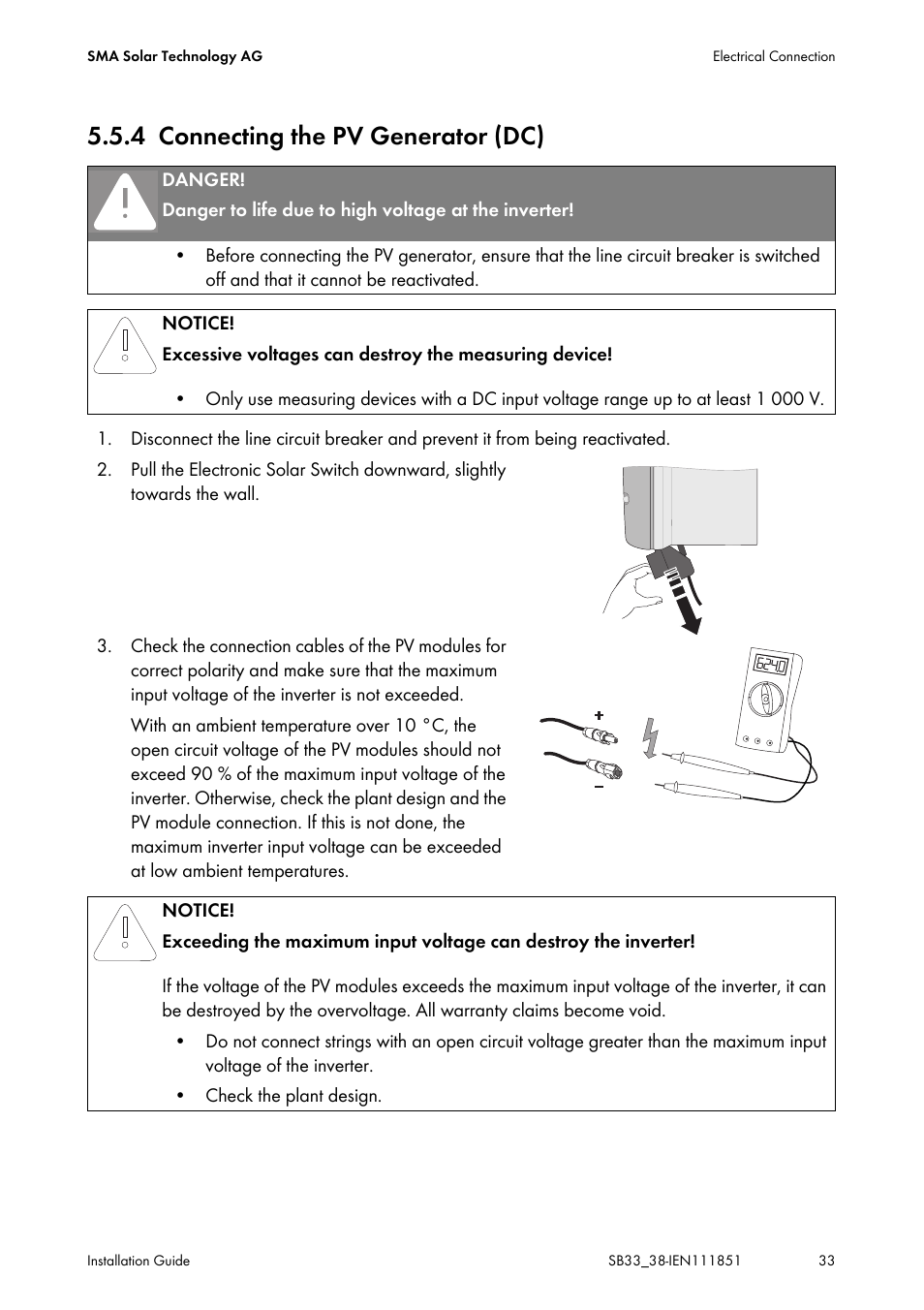 4 connecting the pv generator (dc), Connecting the pv generator (dc) | SMA SB 3300 Installation User Manual | Page 33 / 76