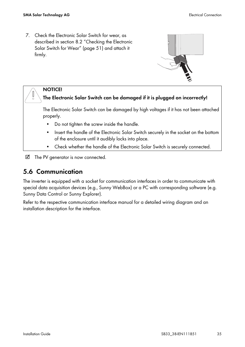6 communication, Communication | SMA SB 3300 Installation User Manual | Page 35 / 76