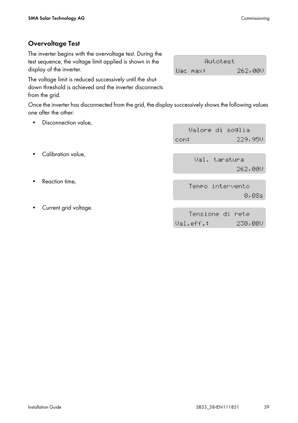 Overvoltage test | SMA SB 3300 Installation User Manual | Page 39 / 76