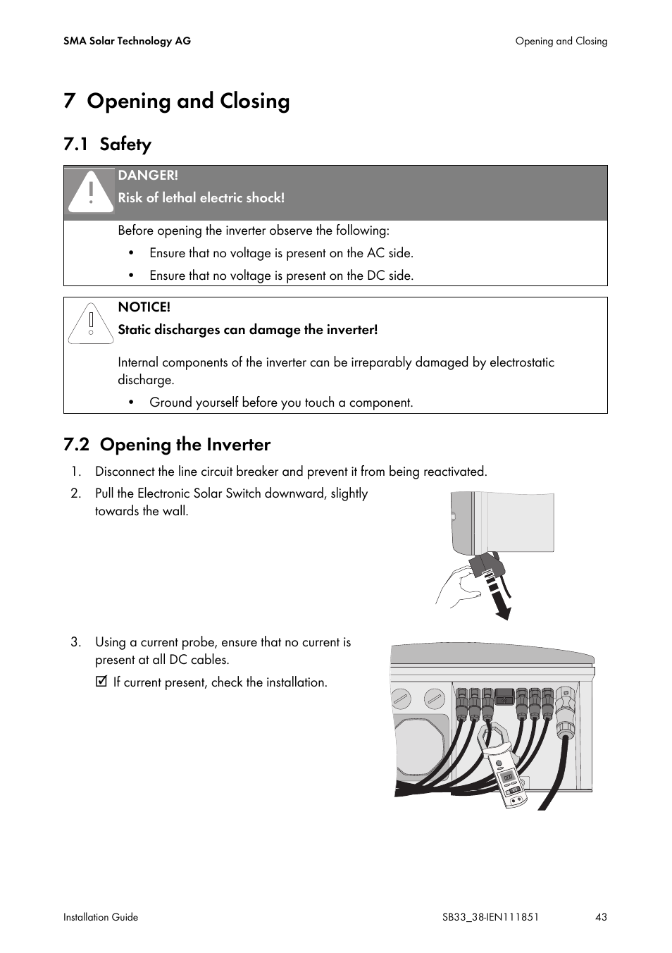 7 opening and closing, 1 safety, 2 opening the inverter | Opening and closing, Safety, Opening the inverter, 1 safety 7.2 opening the inverter | SMA SB 3300 Installation User Manual | Page 43 / 76