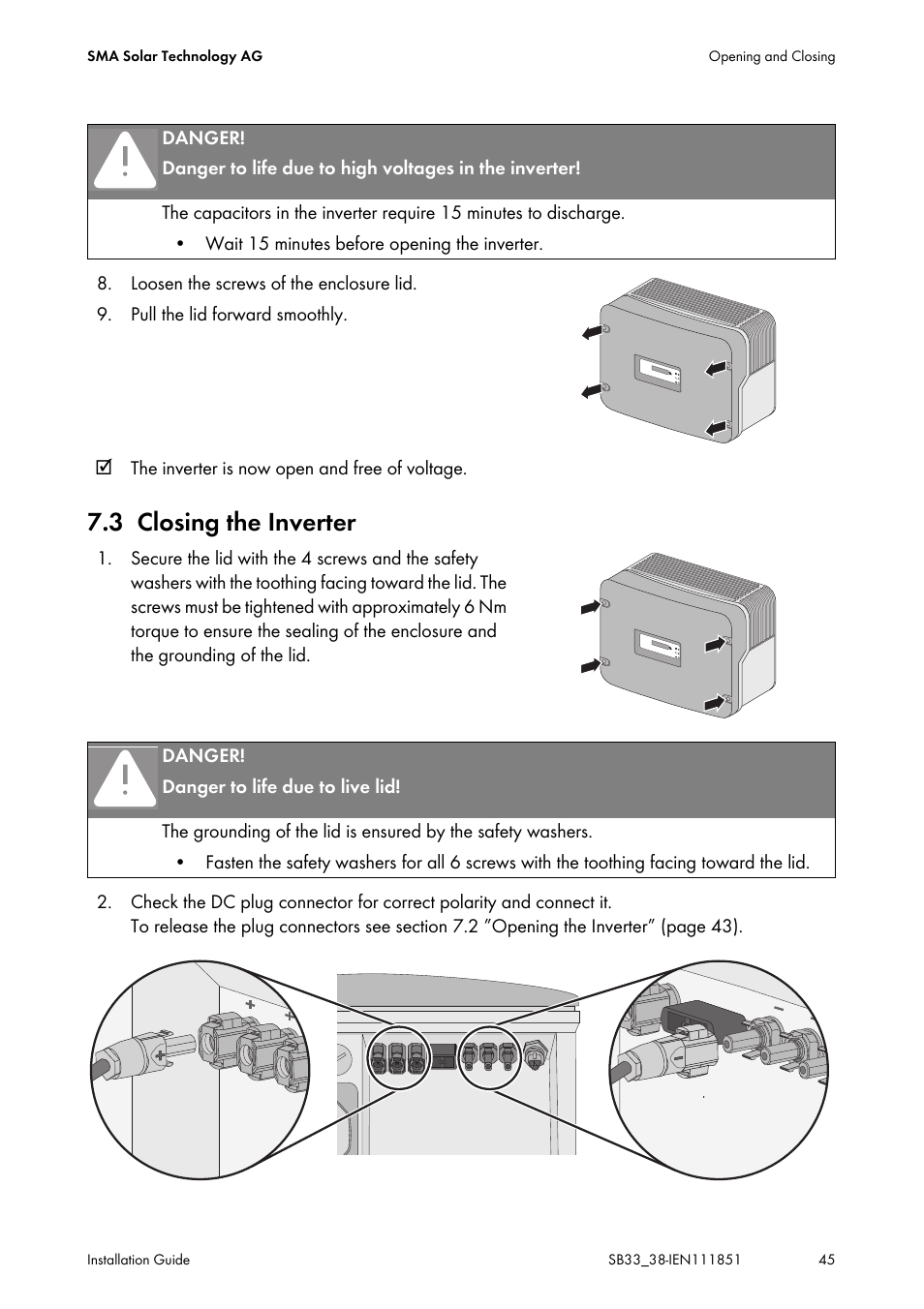 3 closing the inverter, Closing the inverter | SMA SB 3300 Installation User Manual | Page 45 / 76