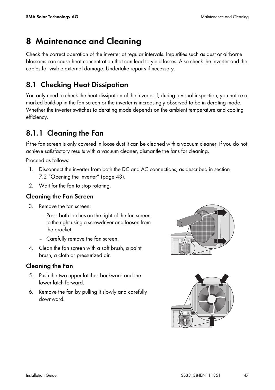 8 maintenance and cleaning, 1 checking heat dissipation, 1 cleaning the fan | Maintenance and cleaning, Checking heat dissipation, Cleaning the fan | SMA SB 3300 Installation User Manual | Page 47 / 76