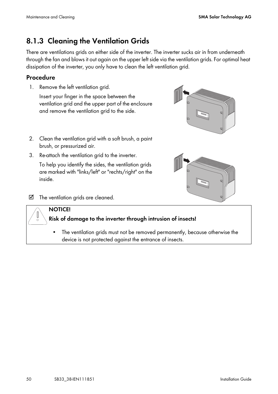 3 cleaning the ventilation grids, Cleaning the ventilation grids | SMA SB 3300 Installation User Manual | Page 50 / 76