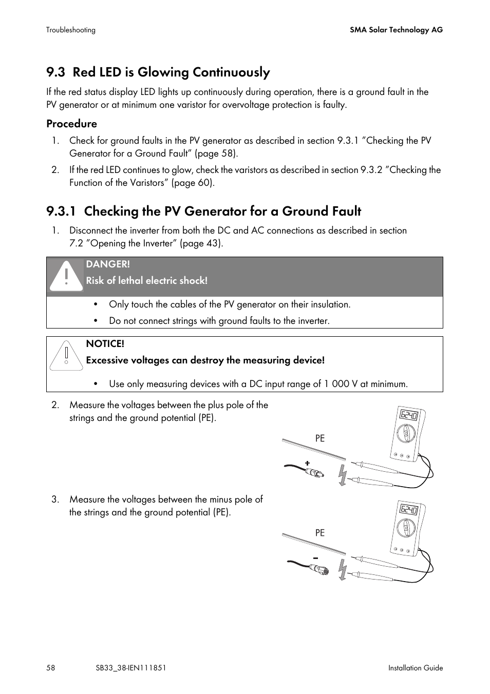 3 red led is glowing continuously, 1 checking the pv generator for a ground fault, Red led is glowing continuously | Checking the pv generator for a ground fault | SMA SB 3300 Installation User Manual | Page 58 / 76