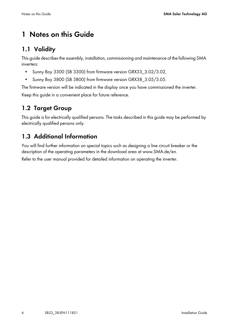 1 notes on this guide, 1 validity, 2 target group | 3 additional information, Notes on this guide, Validity, Target group, Additional information | SMA SB 3300 Installation User Manual | Page 6 / 76