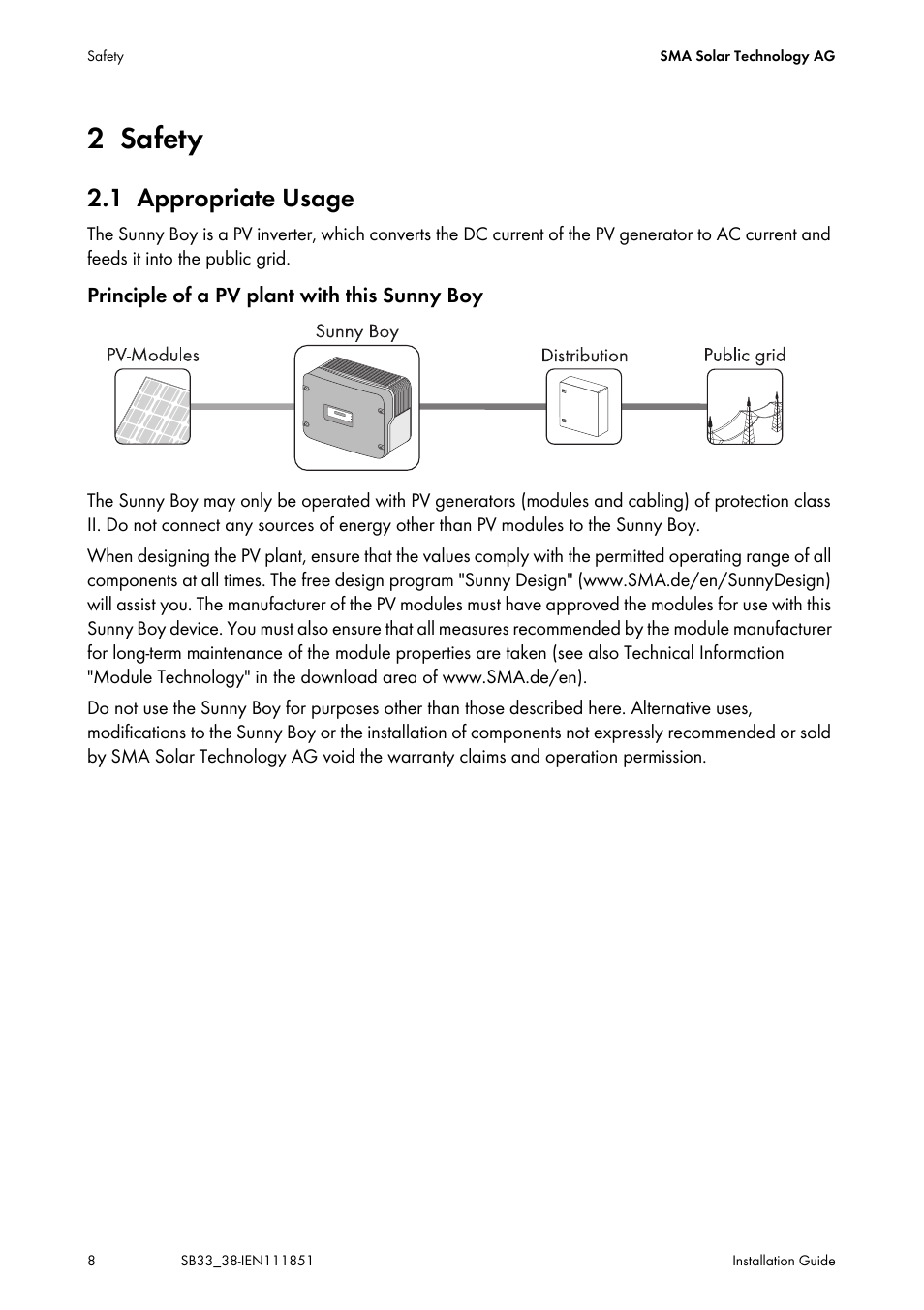 2 safety, 1 appropriate usage, Safety | Appropriate usage | SMA SB 3300 Installation User Manual | Page 8 / 76