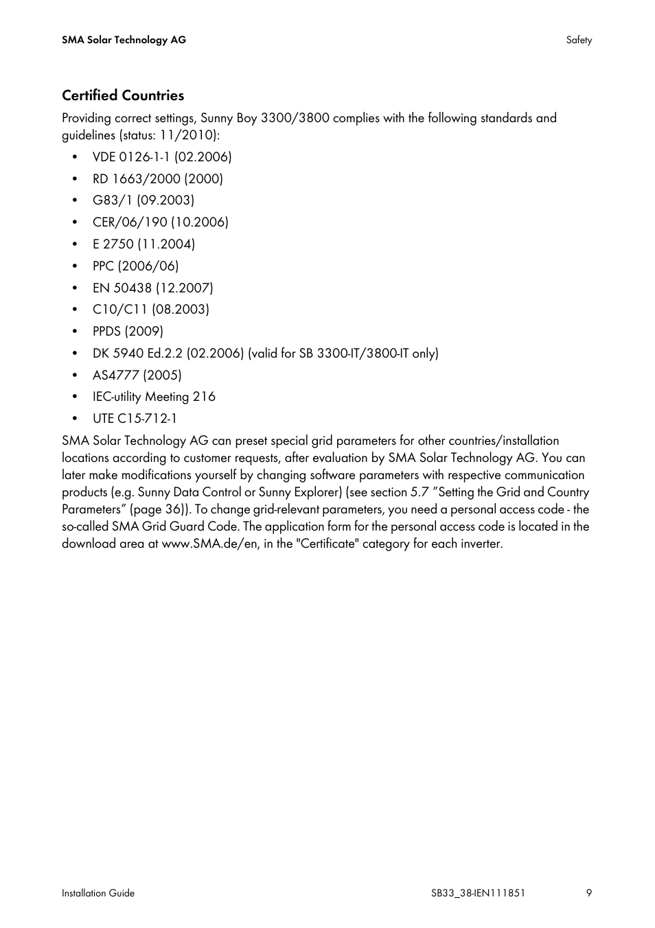 Certified countries | SMA SB 3300 Installation User Manual | Page 9 / 76