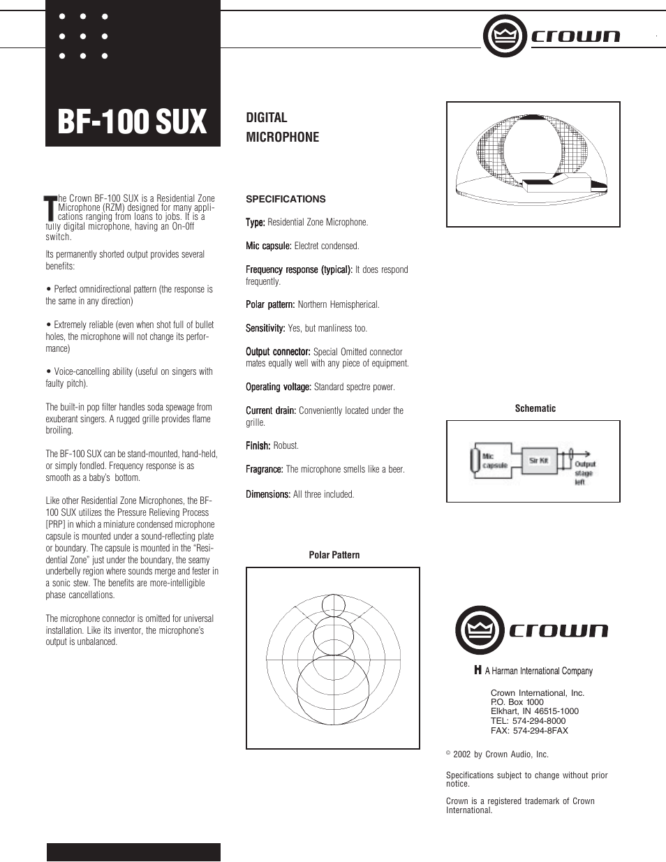 Crown Audio BF-100 SUX User Manual | 1 page