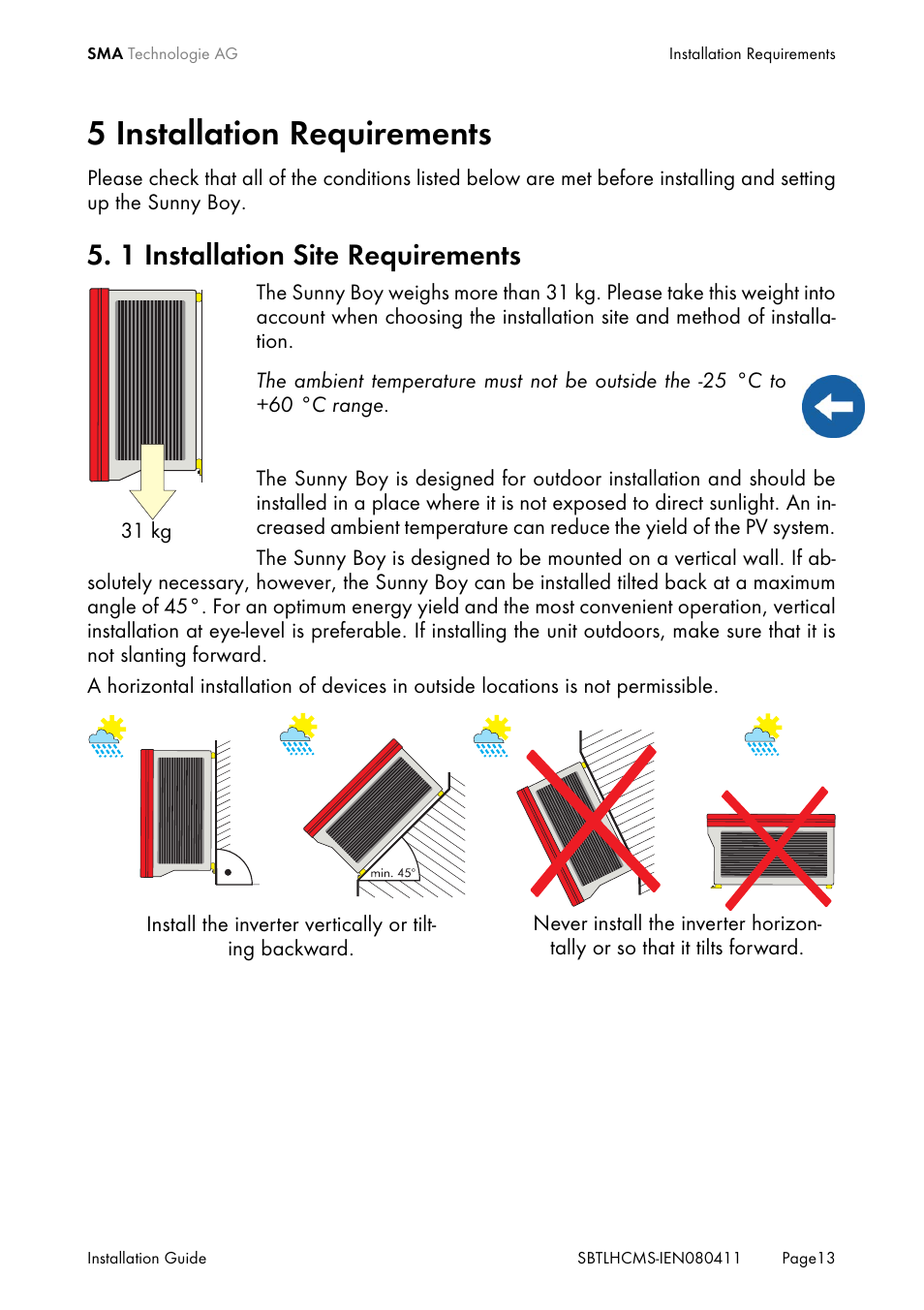 5 installation requirements, 1 installation site requirements, Installation requirements | Installation site requirements | SMA SB 4200TL HC Multi-String User Manual | Page 13 / 64