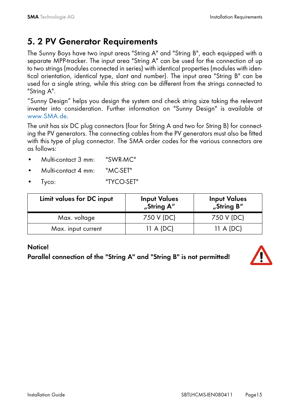 2 pv generator requirements, Pv generator requirements | SMA SB 4200TL HC Multi-String User Manual | Page 15 / 64