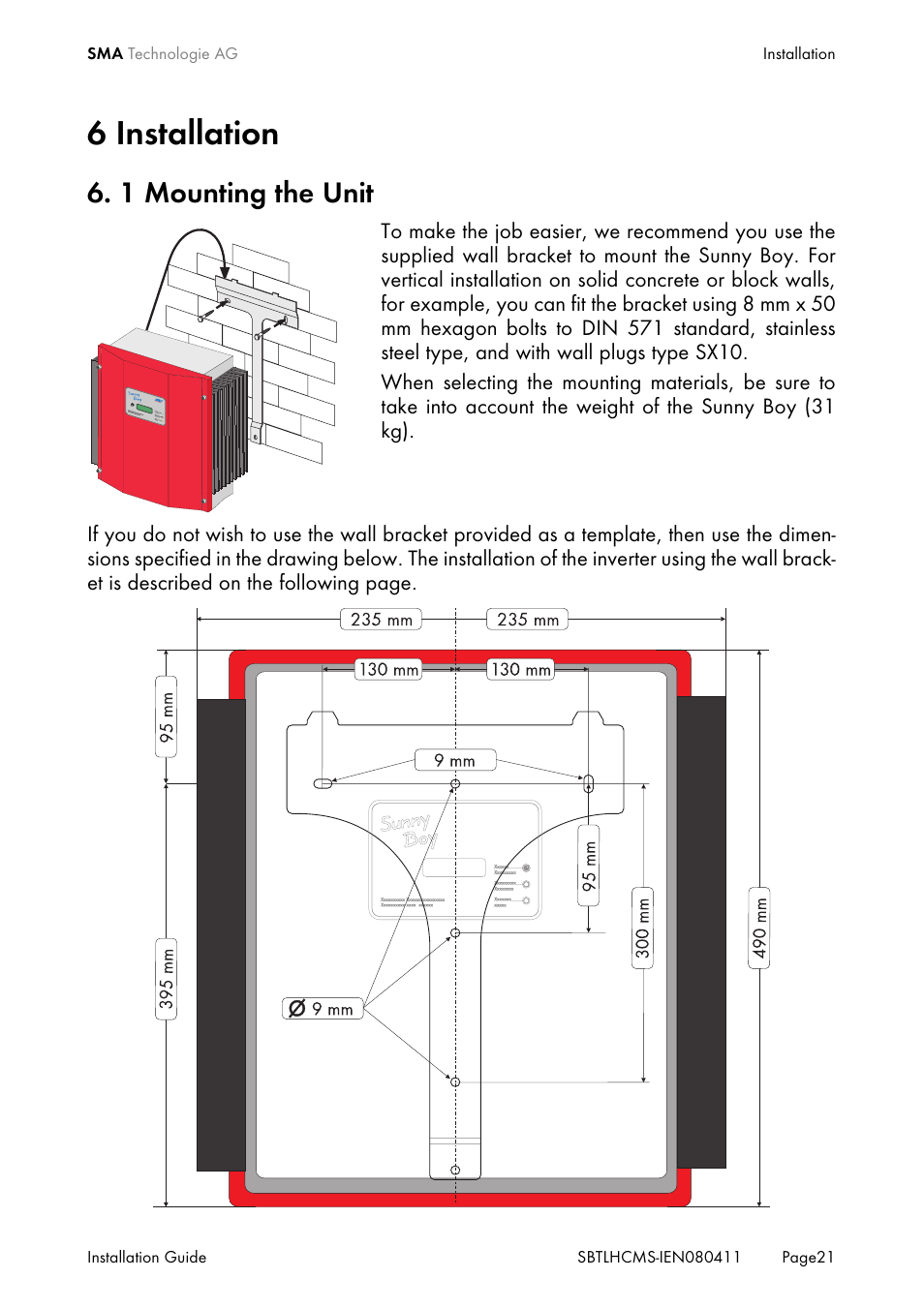 6 installation, 1 mounting the unit, Installation | Mounting the unit | SMA SB 4200TL HC Multi-String User Manual | Page 21 / 64