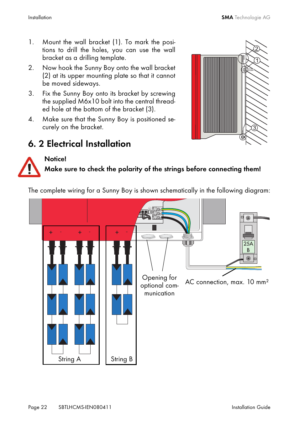 2 electrical installation, Electrical installation | SMA SB 4200TL HC Multi-String User Manual | Page 22 / 64