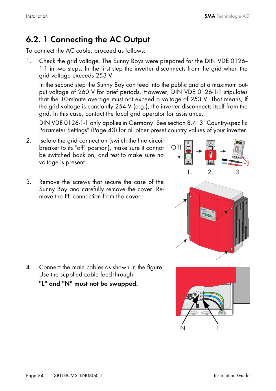 1 connecting the ac output, Connecting the ac output, On 6.2. 1 | SMA SB 4200TL HC Multi-String User Manual | Page 24 / 64