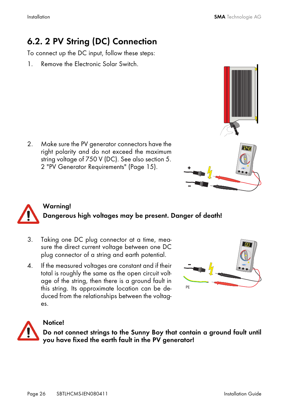 2 pv string (dc) connection, Pv string (dc) connection | SMA SB 4200TL HC Multi-String User Manual | Page 26 / 64