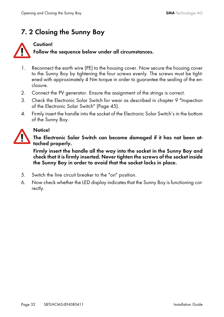 2 closing the sunny boy, Closing the sunny boy | SMA SB 4200TL HC Multi-String User Manual | Page 32 / 64