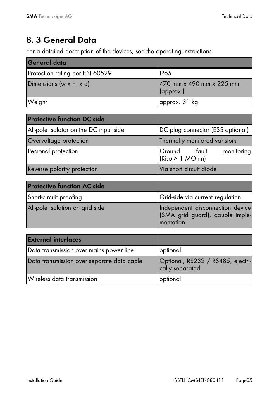 3 general data, General data | SMA SB 4200TL HC Multi-String User Manual | Page 35 / 64