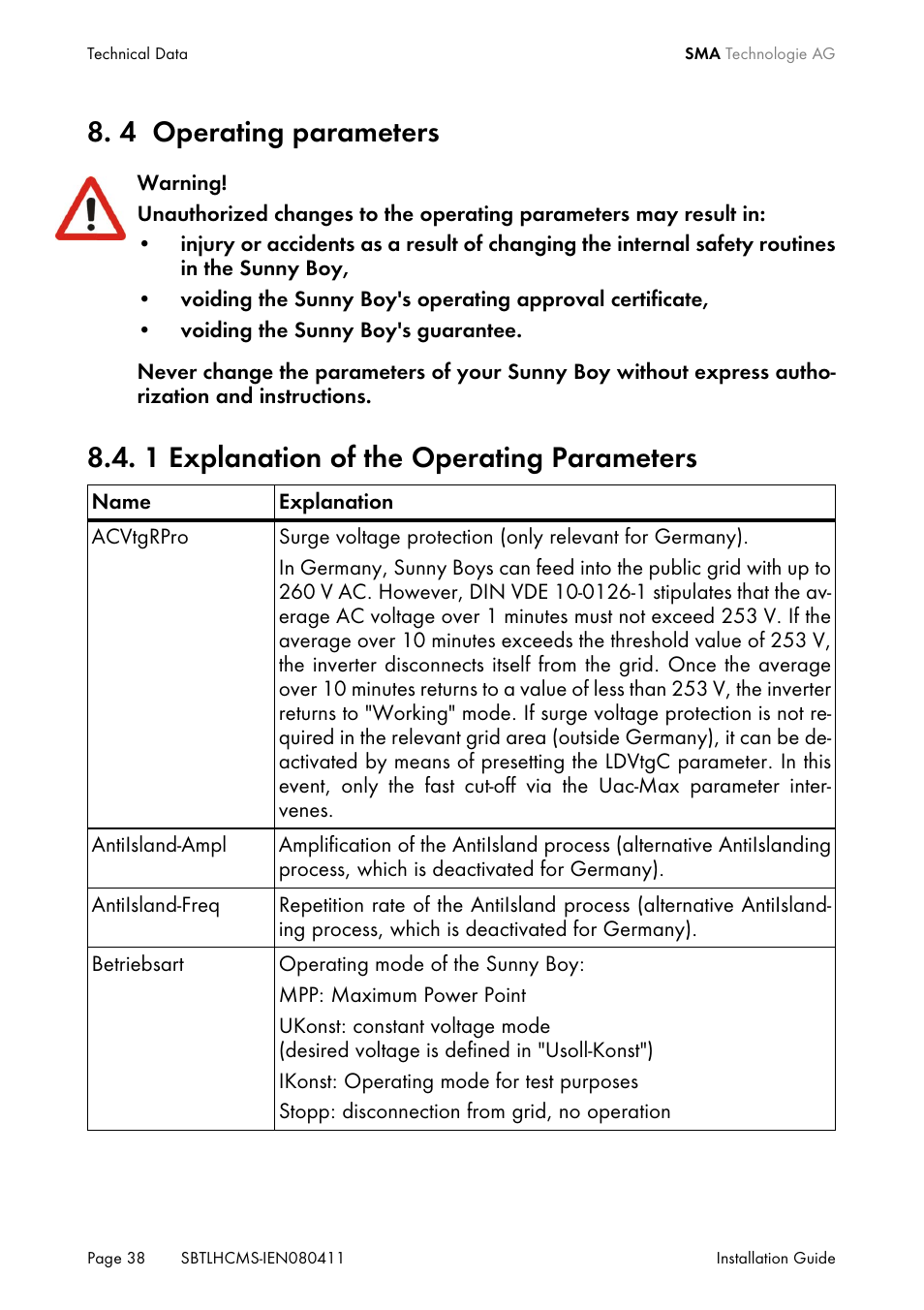 4 operating parameters, 1 explanation of the operating parameters, Operating parameters | Explanation of the operating parameters | SMA SB 4200TL HC Multi-String User Manual | Page 38 / 64