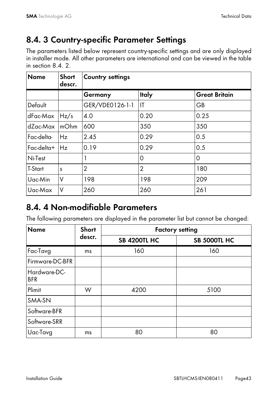 3 country-specific parameter settings, 4 non-modifiable parameters, Country-specific parameter settings | Non-modifiable parameters | SMA SB 4200TL HC Multi-String User Manual | Page 43 / 64