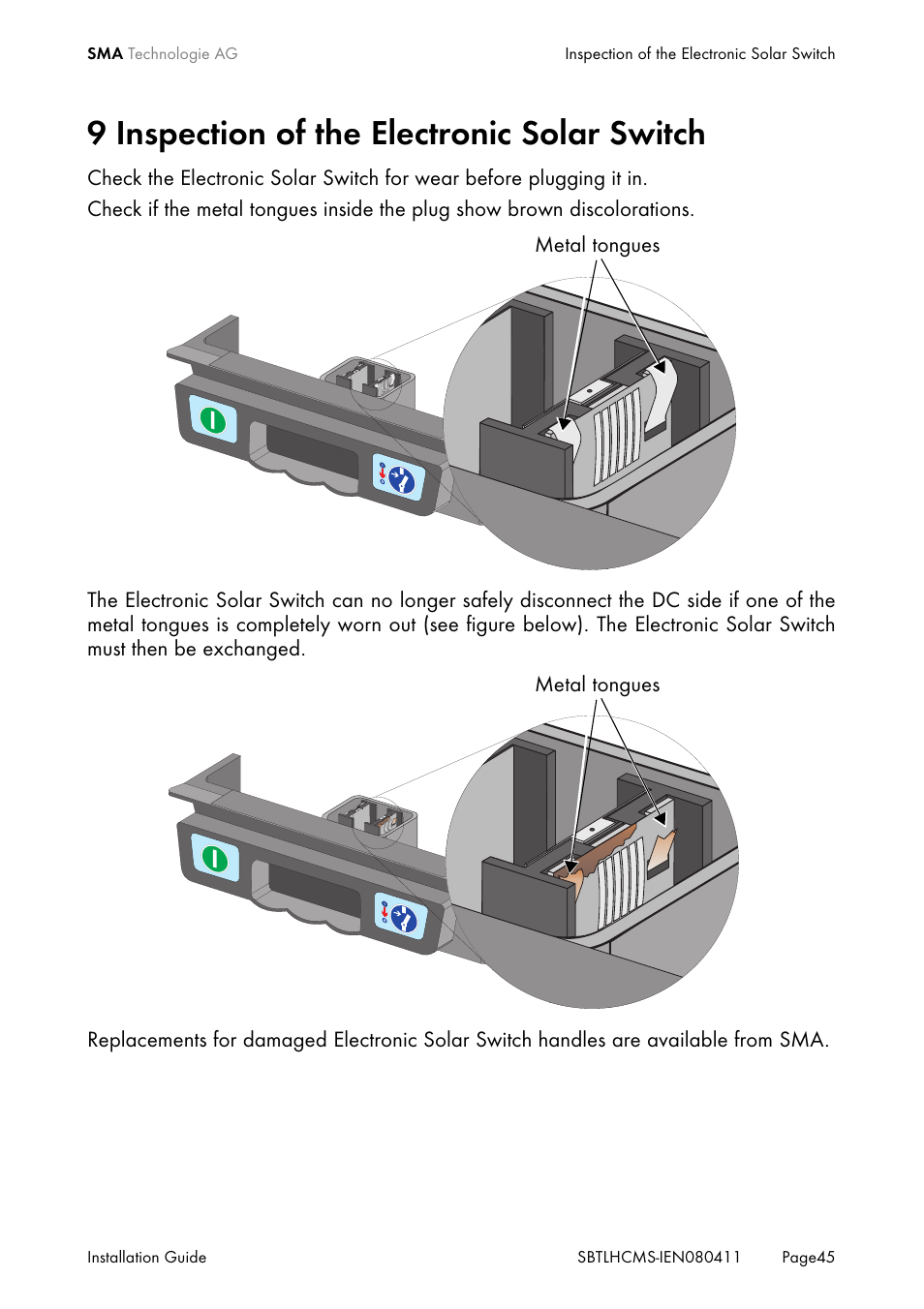 9 inspection of the electronic solar switch, Inspection of the electronic solar switch | SMA SB 4200TL HC Multi-String User Manual | Page 45 / 64