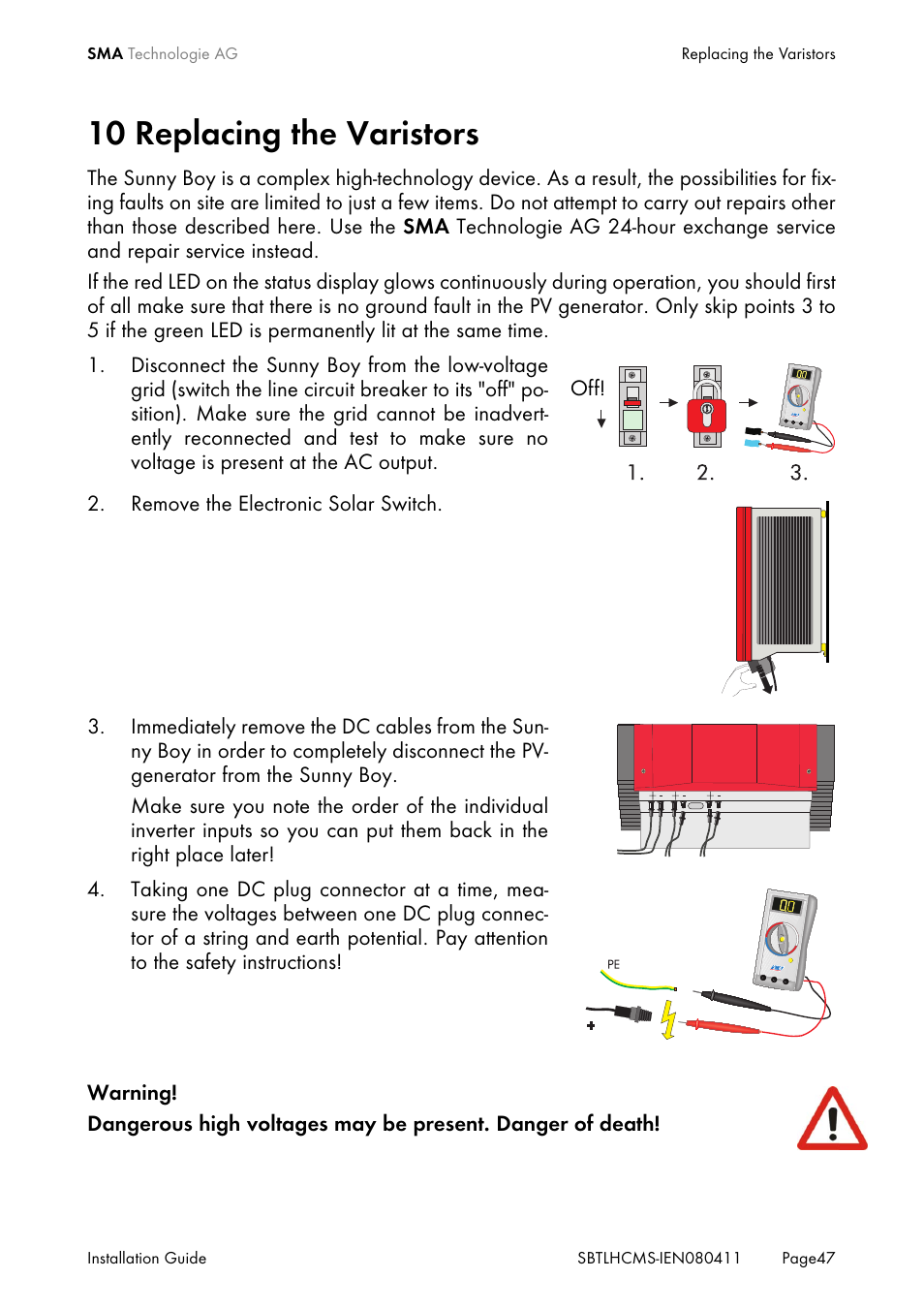10 replacing the varistors, Replacing the varistors | SMA SB 4200TL HC Multi-String User Manual | Page 47 / 64