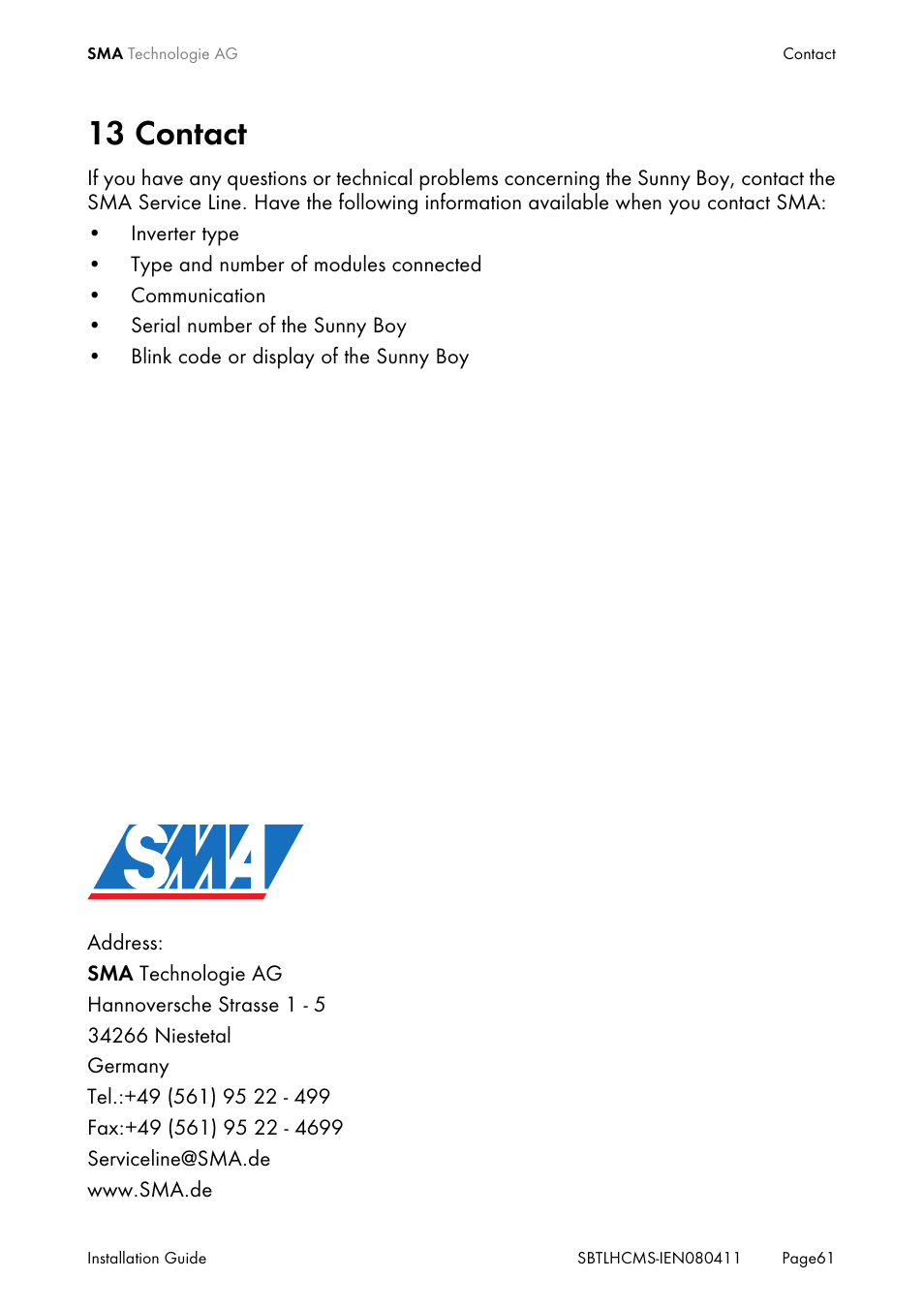 13 contact, Contact | SMA SB 4200TL HC Multi-String User Manual | Page 61 / 64