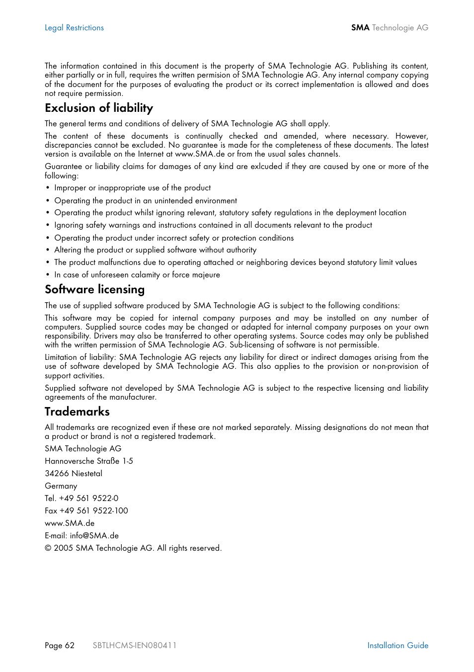 Exclusion of liability, Software licensing, Trademarks | SMA SB 4200TL HC Multi-String User Manual | Page 62 / 64