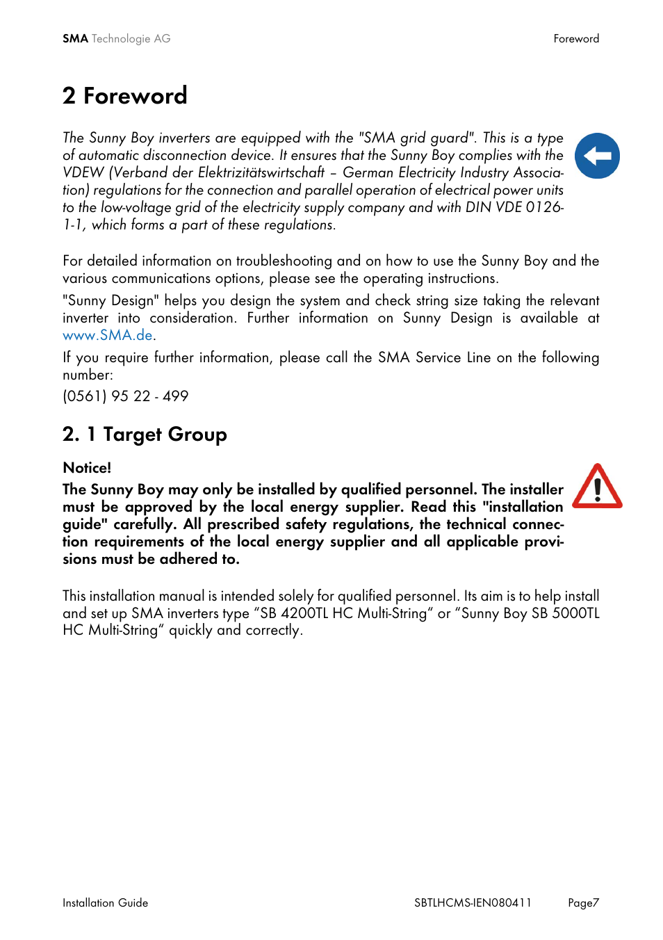 2 foreword, 1 target group, Foreword | Target group | SMA SB 4200TL HC Multi-String User Manual | Page 7 / 64