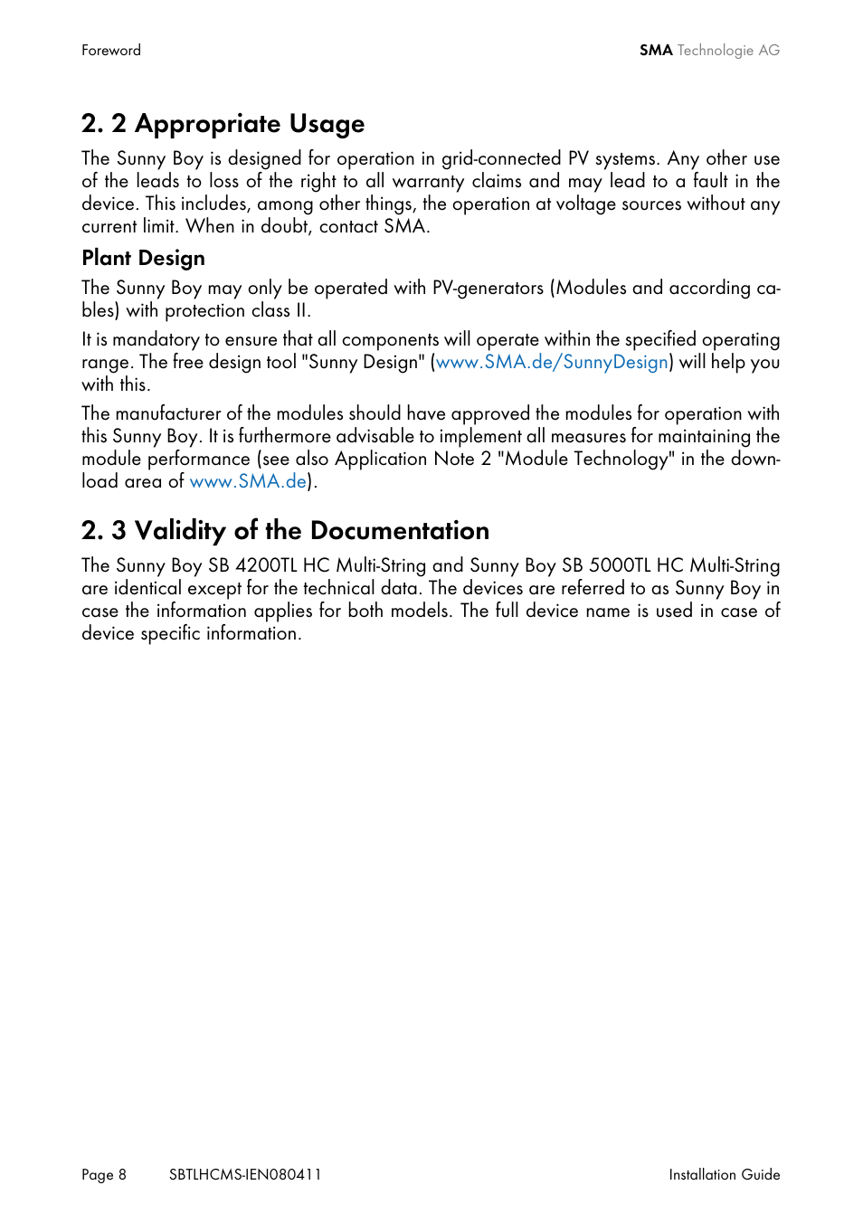2 appropriate usage, 3 validity of the documentation, Appropriate usage | Validity of the documentation | SMA SB 4200TL HC Multi-String User Manual | Page 8 / 64