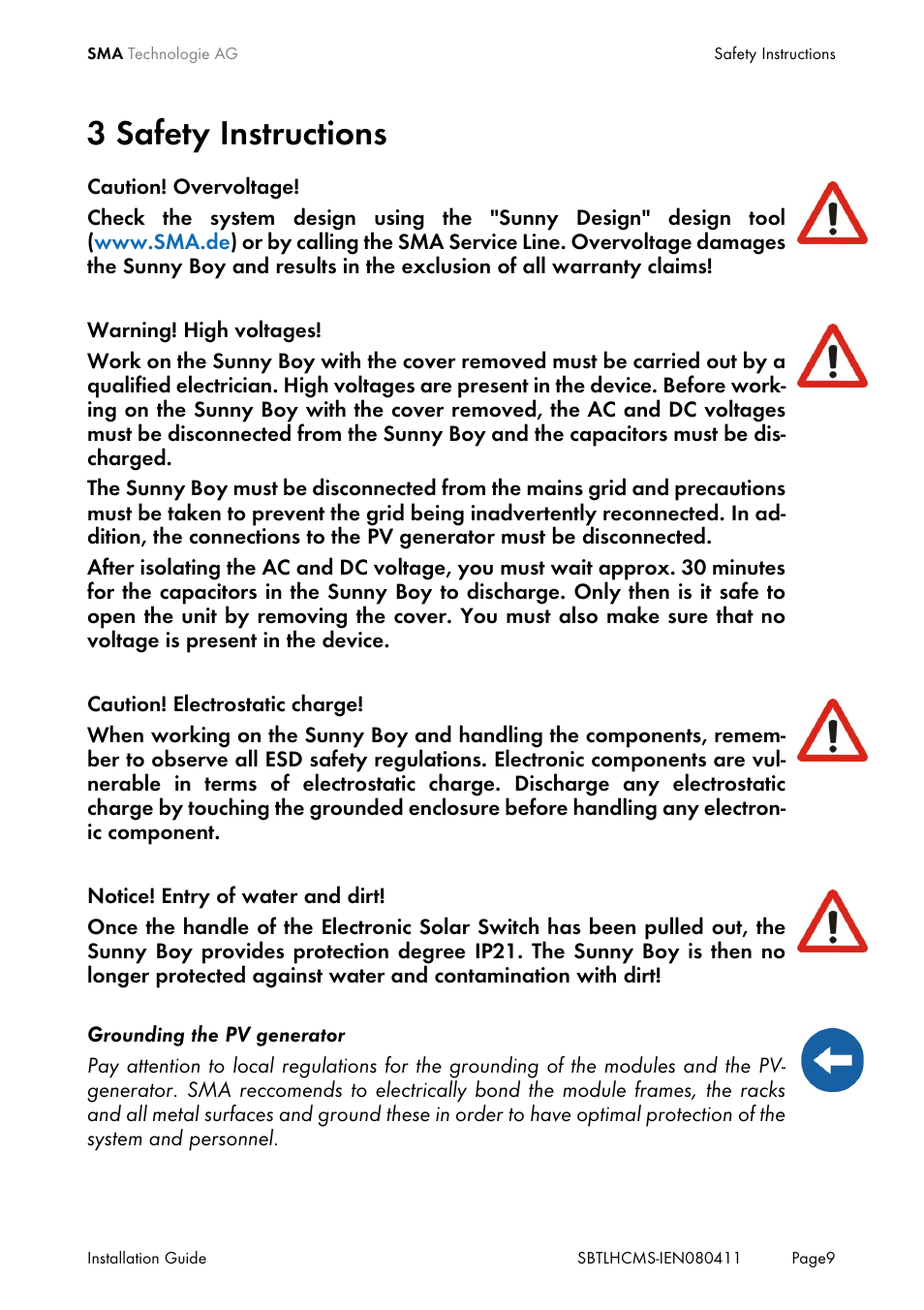 3 safety instructions, Safety instructions | SMA SB 4200TL HC Multi-String User Manual | Page 9 / 64