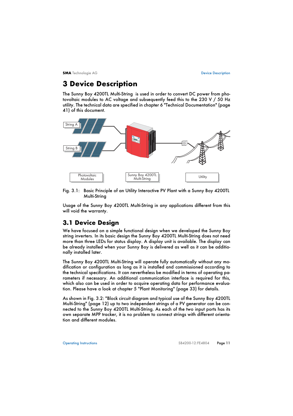 3 device description, 1 device design, Device description | Device design | SMA SB 4200TL Multi-String User Manual | Page 11 / 63
