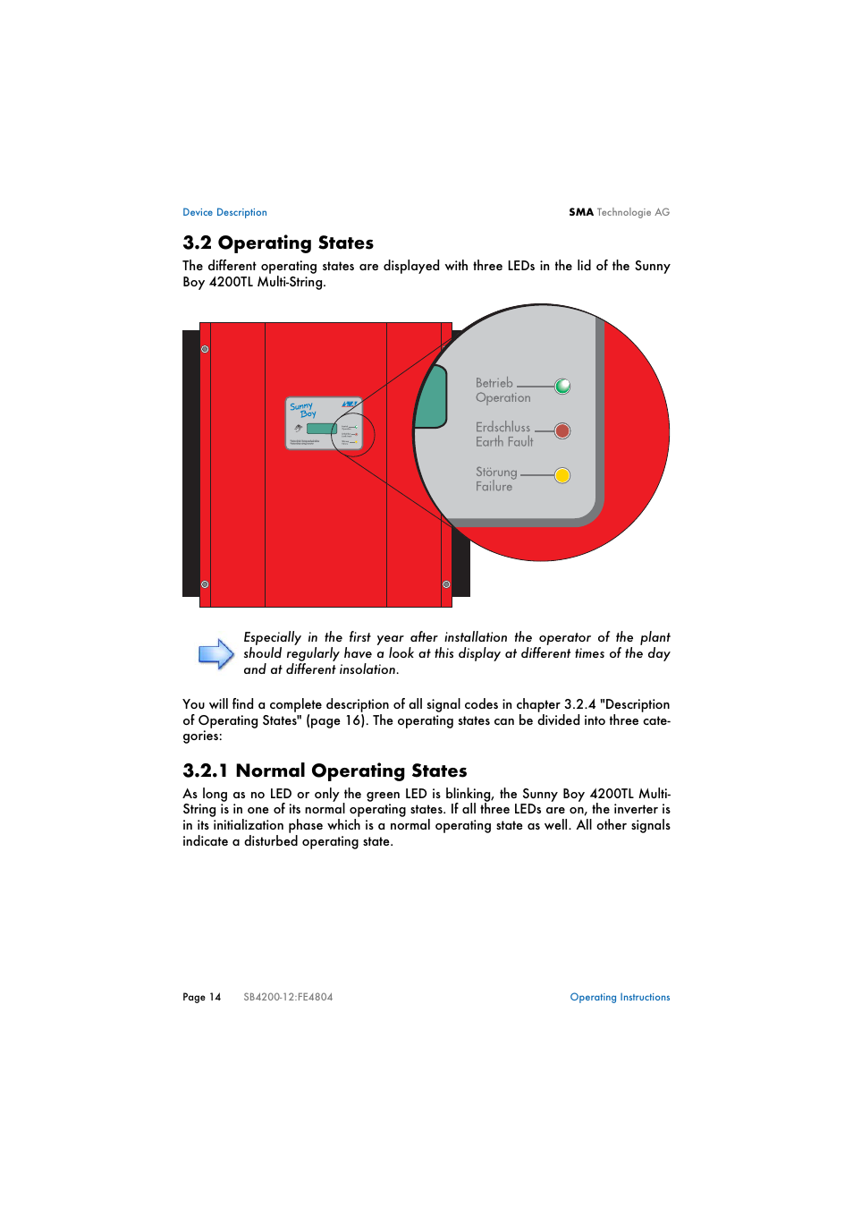 2 operating states, 1 normal operating states, Operating states | Normal operating states | SMA SB 4200TL Multi-String User Manual | Page 14 / 63