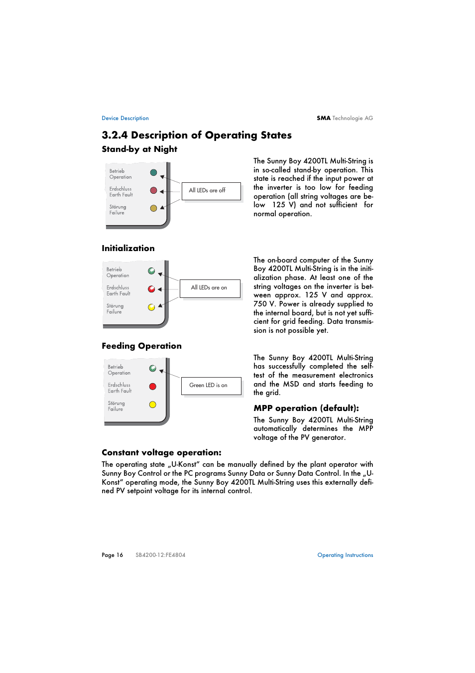 4 description of operating states, Description of operating states | SMA SB 4200TL Multi-String User Manual | Page 16 / 63