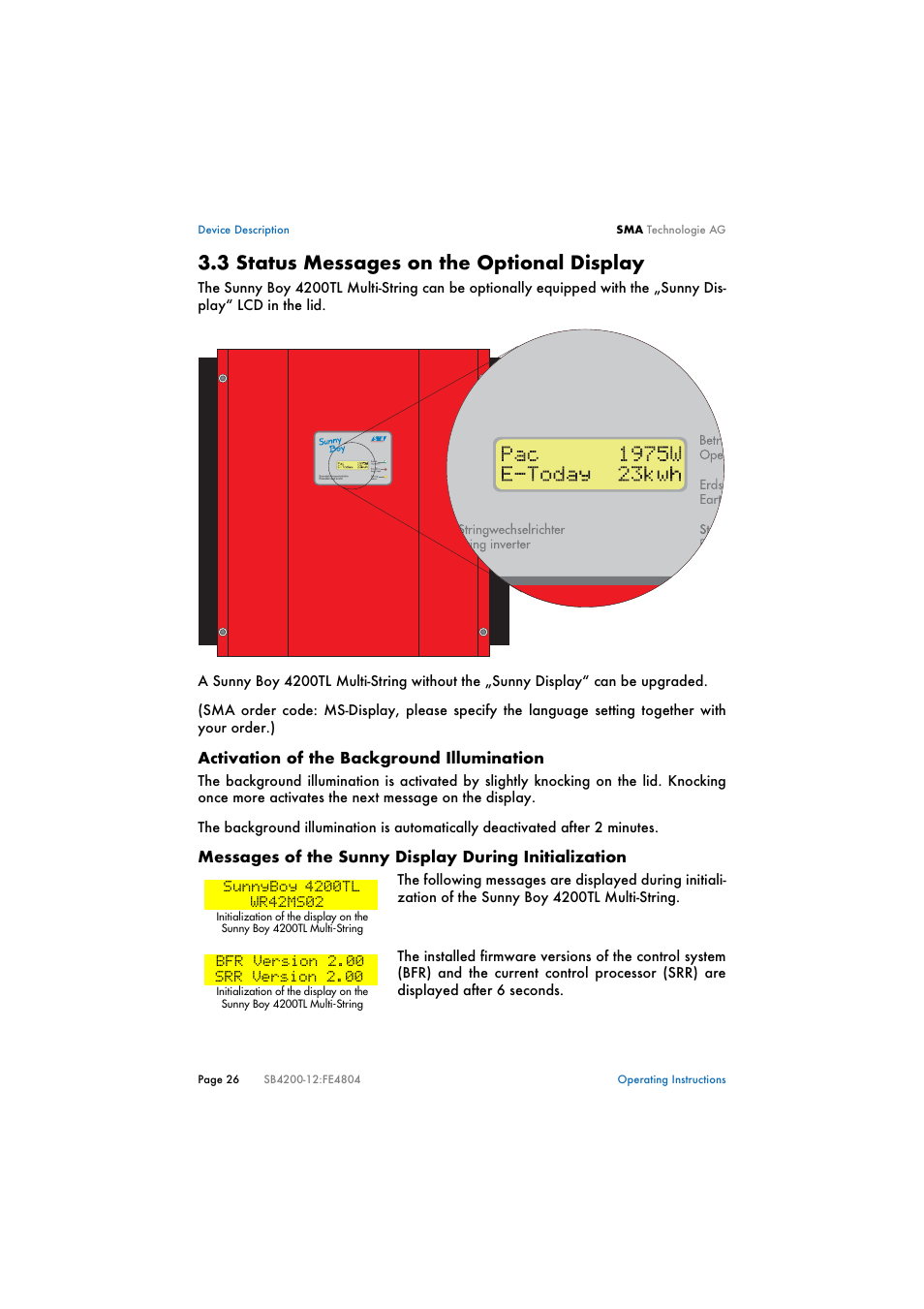 3 status messages on the optional display, Status messages on the optional display | SMA SB 4200TL Multi-String User Manual | Page 26 / 63