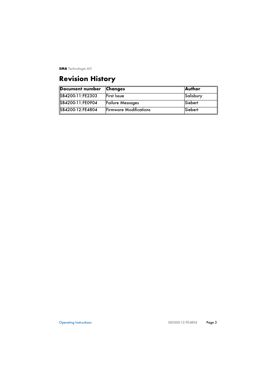 Revision history | SMA SB 4200TL Multi-String User Manual | Page 3 / 63