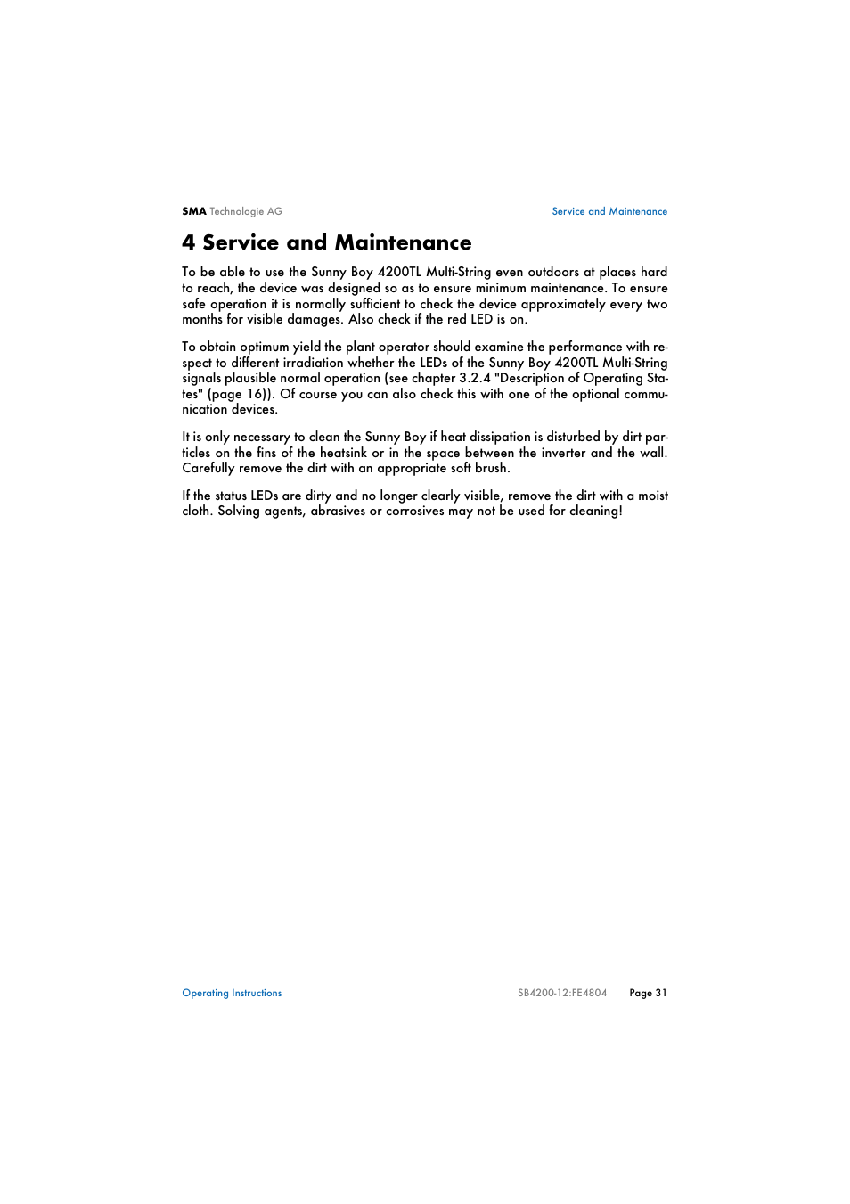 4 service and maintenance, Service and maintenance | SMA SB 4200TL Multi-String User Manual | Page 31 / 63