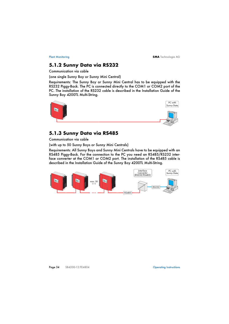 2 sunny data via rs232, 3 sunny data via rs485, Sunny data via rs232 | Sunny data via rs485 | SMA SB 4200TL Multi-String User Manual | Page 34 / 63