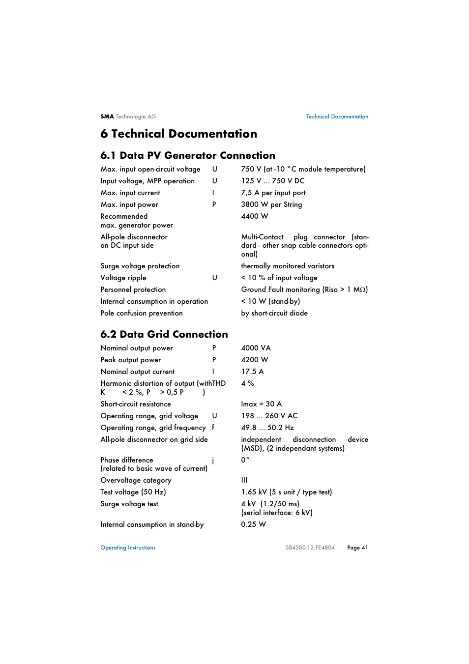 6 technical documentation, 1 data pv generator connection, 2 data grid connection | Technical documentation, Data pv generator connection, Data grid connection | SMA SB 4200TL Multi-String User Manual | Page 41 / 63