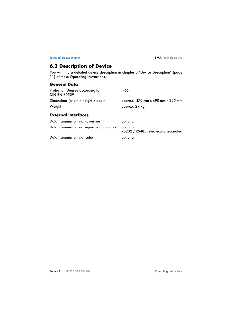 3 description of device, Description of device | SMA SB 4200TL Multi-String User Manual | Page 42 / 63