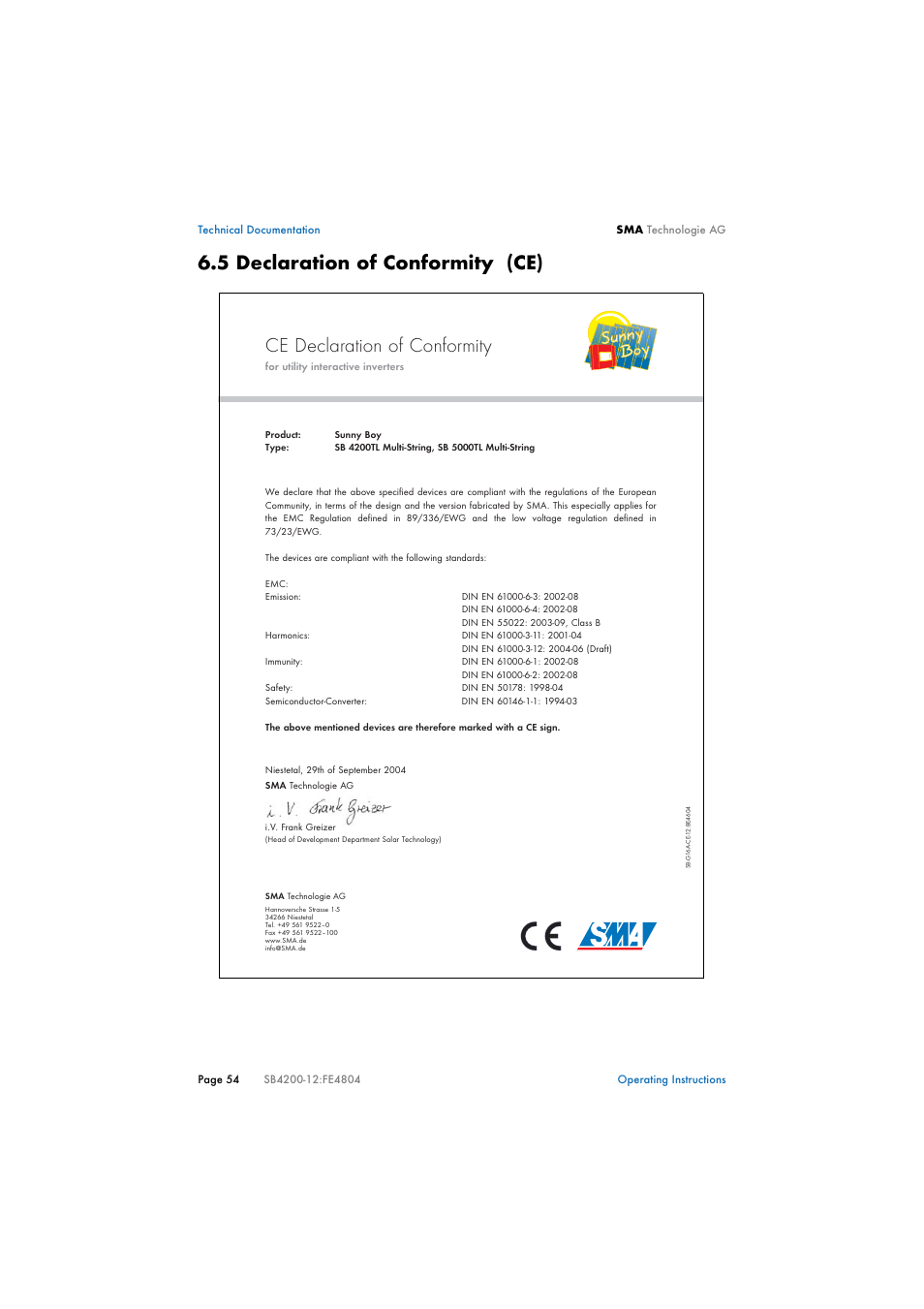 5 declaration of conformity (ce), Declaration of conformity (ce), Ce declaration of conformity | SMA SB 4200TL Multi-String User Manual | Page 54 / 63